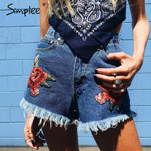Load image into Gallery viewer, Simplee Flower embroidery high waist denim shorts women Casual zipper tassel fringe jeans shorts Summer pocket mini shorts