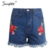 Load image into Gallery viewer, Simplee Flower embroidery high waist denim shorts women Casual zipper tassel fringe jeans shorts Summer pocket mini shorts