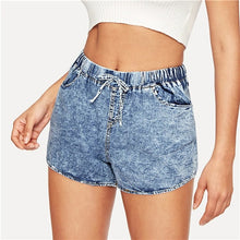 Load image into Gallery viewer, COLROVIE Blue Solid Double Pocket Casual Shorts Women Bottoms 2019 Summer Streetwear Drawstring Waist Jean Shorts For Ladies