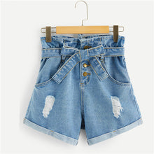 Load image into Gallery viewer, COLROVIE Blue Double Pocket Rolled Hem Casual Denim Shorts With Belt Women 2019 Summer Streetwear Button Fly Ladies Short Jeans